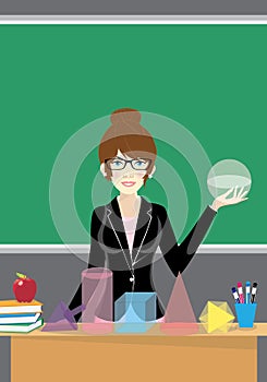 Teacher with math geometric shapes