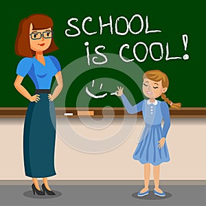 Teacher and schoolgirl writing on chalk board. Back to school.