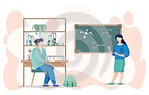 Teacher show student sitting at desk chemical bonds at board in classroom, flat vector illustration