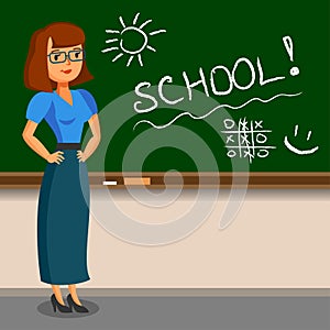 Teacher standing on blackboard background in the classroom.