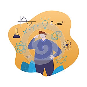 Teacher Standing with Symbol Formula of Mathematics Physics Chemistry Flat Illustration