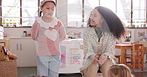 Teacher, student or child for presentation in elementary classroom, learning and education. Front, woman and kid talking