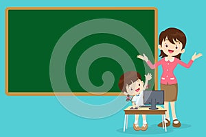 Teacher and student girl learning computer hand up