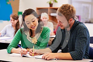 Teacher and student work together at adult education class