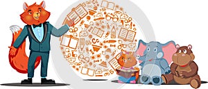 Teacher and students in the classroom, drawing in a vector.