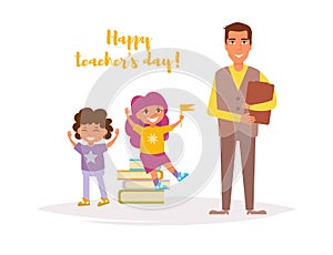 Teacher and students. Teacher`s day Vector. Cartoon. Isolated