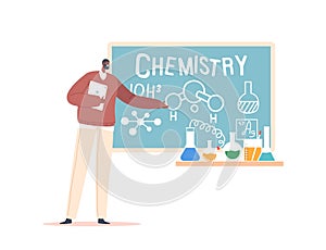 Teacher with Tablet Stand at Blackboard Explain Chemistry Lesson Isolated on White Background. African Tutor Teach