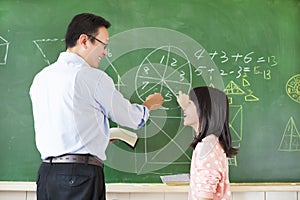 Teacher teach student to solve the math questions photo