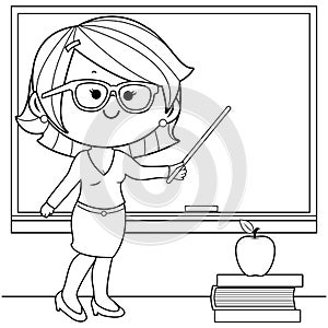 Teacher teaching in the classroom. Vector black and white coloring page.