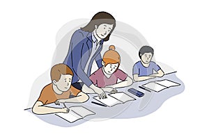 Teacher teaching kids/pupils during school lesson concept design vector flat illustration. Education, studying children, classroom