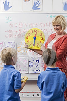 Teacher Teaching Kids To Tell Time