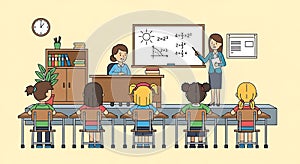 Teacher Teaching Math to Students in Classroom Illustration