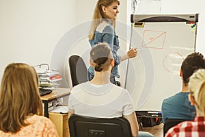 Teacher teaching mathematics to college students