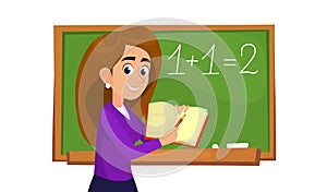 A teacher with a textbook in front of a blackboard isolated on a white background