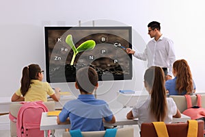 Učitel interaktivní deska v třída během lekce 