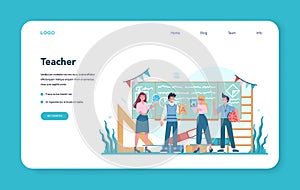 Teacher web banner or landing page. Profesor standing in front photo