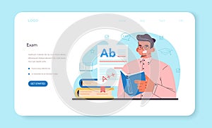 Teacher web banner or landing page. Professor giving a lesson in a classroom