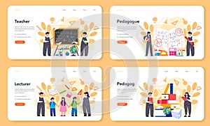 Teacher web banner or landing page set. Profesor standing in front photo