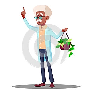 Teacher In A White Coat Showing Plant To Students In Biology Class Vector. Isolated Illustration