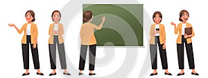 Teacher woman character set. Friendly teacher points, poses, writes on the blackboard, looks at the phone, speaks