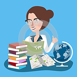 Teacher woman with glasses read books with globe in desk learn geography