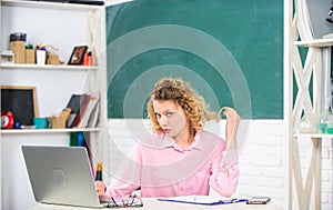 Teacher woman. teachers day. modern technology. girl Study Online in Classroom. IT Lesson with Computer. e-learning