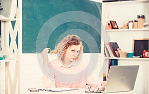 teacher woman. teachers day. modern technology. girl Study Online in Classroom. IT Lesson with Computer. e-learning