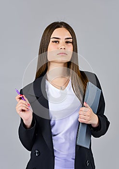 Teacher woman wear black suit hold folder documents, smart girl concept