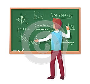 Teacher write on blackboard. School professor teach students, explaining charts formulas graphs on chalkboard vector