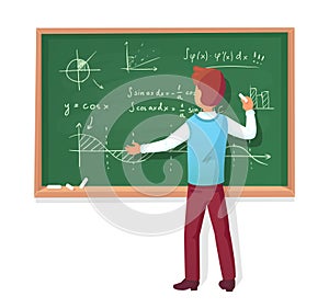 Teacher write on blackboard. School professor teach students, explaining charts formulas graphs on chalkboard vector illustration