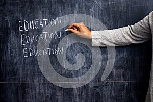 Teacher writing on blackboard