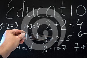 Teacher writing various primary school maths formula on chalkboard