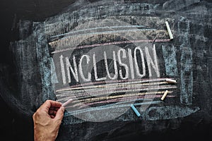 Teacher writing word Inclusion on school blackboard, inclusive education