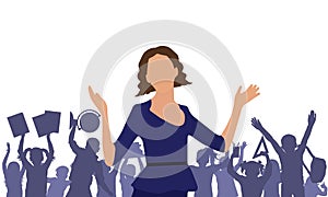 Teachers day. Beautiful woman teacher and silhouette of crowd of school children with globe, books, backpack. Vector illustration