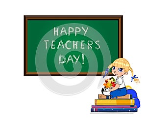 Teachers day card with cute school girl sitting on books pile with bouquet of autumn leaves on white background