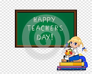 Teachers day clip art with cute school girl sitting on books pile with bouquet of autumn leaves on transparent background