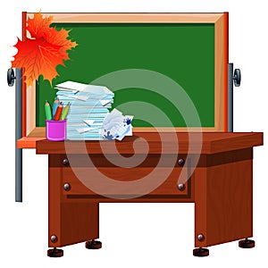 The teachers Desk and chalkboard with space for your text. Holiday the day of knowledge. Vector cartoon close-up