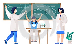 Teachers explain chemistry lesson on the blackboard. The girl happily raising her hands up