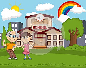 Teachers in front of school with rainbow cartoon