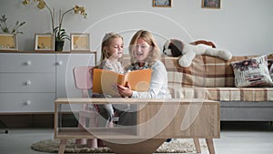 teaching children at home, caring woman with a book in her hands reads a book to her daughter while sitting at home in a