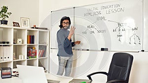 Teaching code programming. Young bearded male teacher pointing at whiteboard and explaining how to code HTML CSS, giving