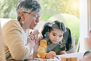 Teaching, grandma or girl learning drawing in book for creative skills or growth development. Senior, support or mature