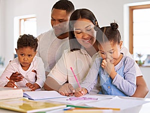 Teaching, parents and children learning in home with mom, dad and education in kindergarten. Couple, helping kids with