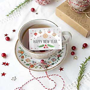 Teacup Happy New Year greeting card isolated on white background photo