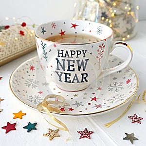 Teacup Happy New Year greeting card isolated on white background photo