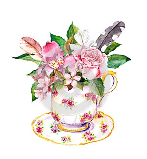 Teacup - leaves, rose flowers, vintage feathers. Watercolor photo