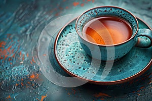 Teacup with tea on matching saucer photo