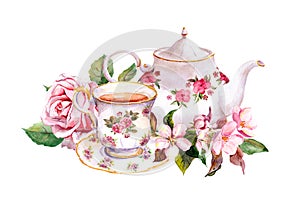 Teacup, tea pot with flowers. Vintage card. Watercolor