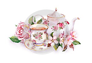 Teacup, tea pot, pink flowers - rose and cherry blossom. Watercolor