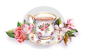 Teacup and tea pot with pink flowers. Watercolor